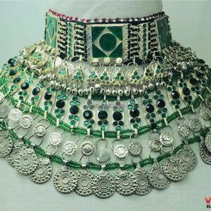 Green Stone Kuchi Choker: Afghan Tribal Coin & Bell Necklace